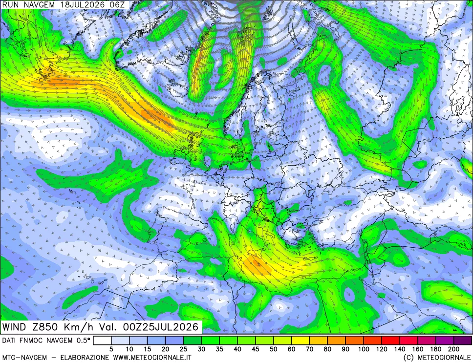 mappa Direzione e forza del vento a 850hPa