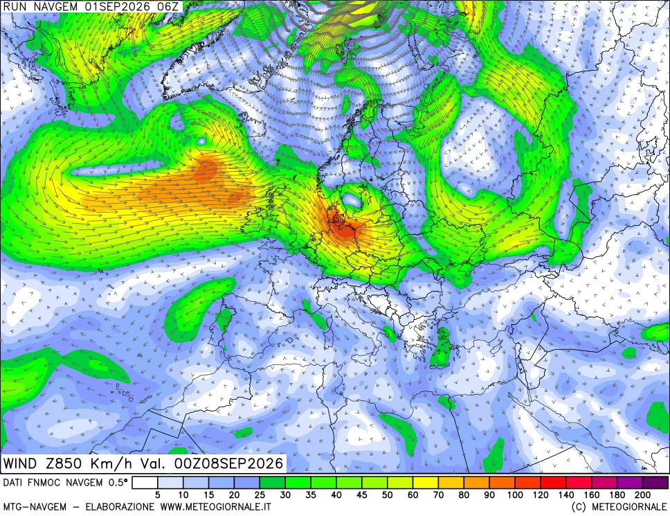 mappa Direzione e forza del vento a 850hPa