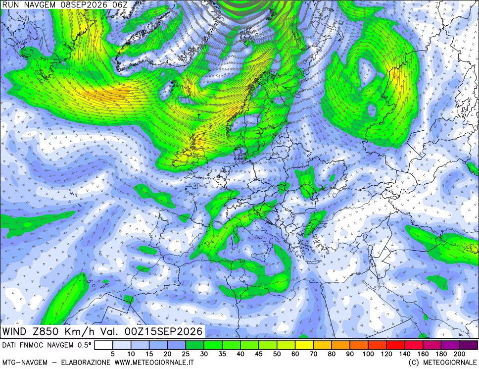 mappa Direzione e forza del vento a 850hPa