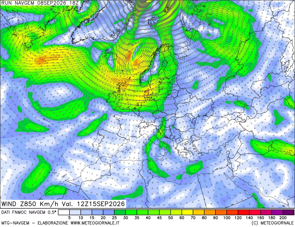 mappa Direzione e forza del vento a 850hPa