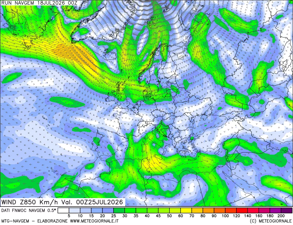 mappa Direzione e forza del vento a 850hPa