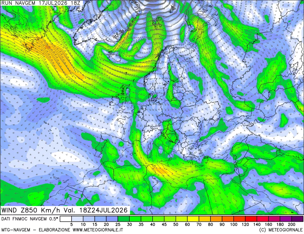 mappa Direzione e forza del vento a 850hPa