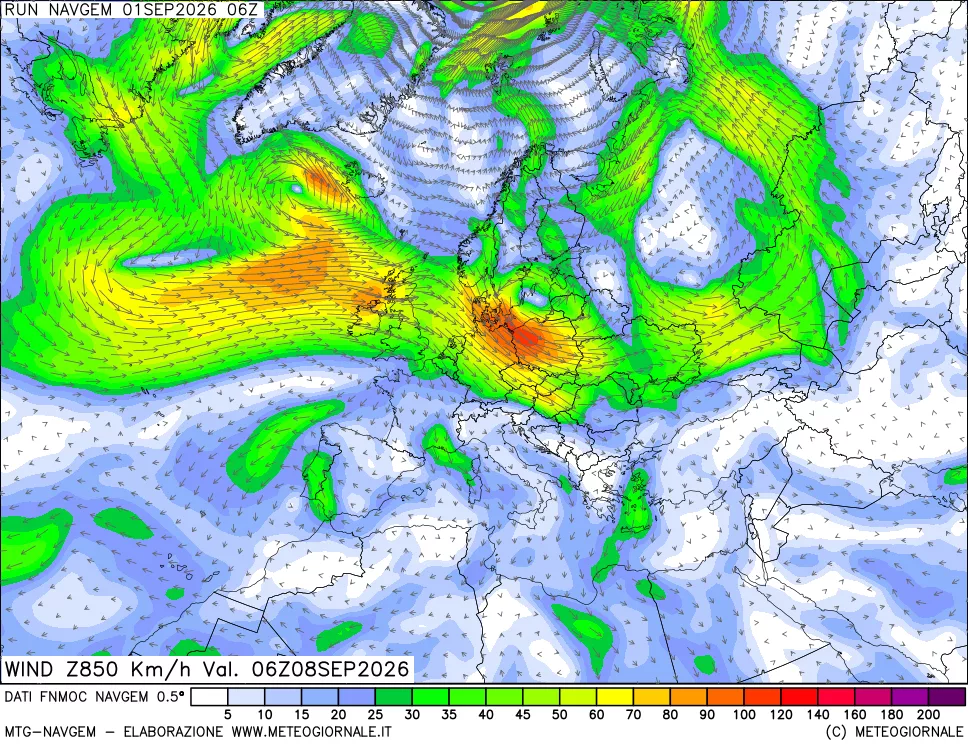 mappa Direzione e forza del vento a 850hPa