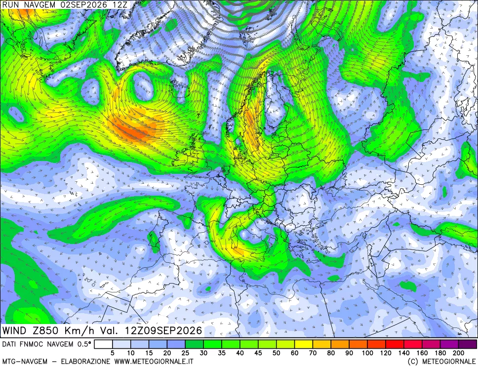mappa Direzione e forza del vento a 850hPa