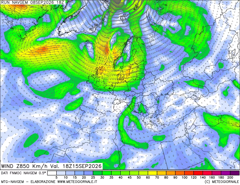 mappa Direzione e forza del vento a 850hPa
