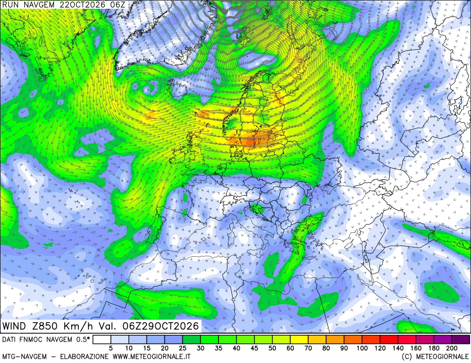 mappa Direzione e forza del vento a 850hPa