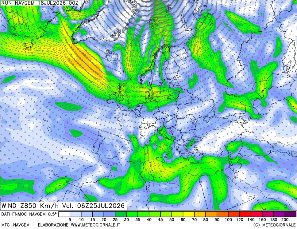 mappa Direzione e forza del vento a 850hPa