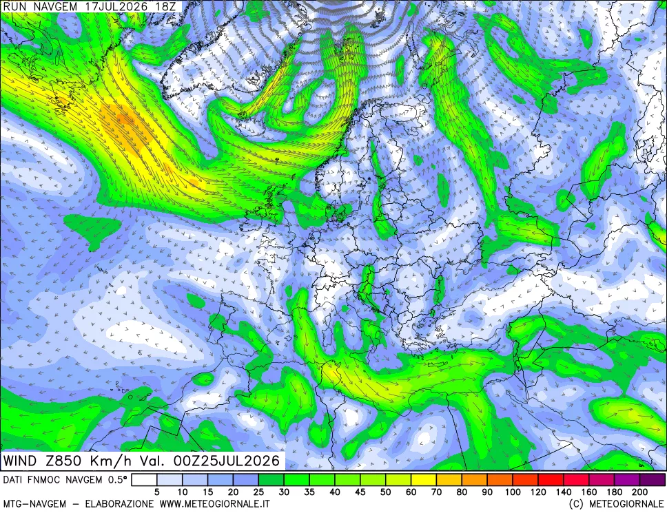 mappa Direzione e forza del vento a 850hPa