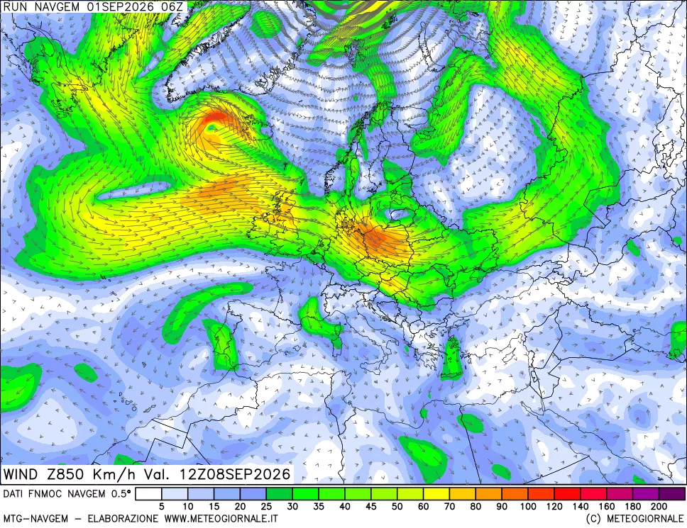 mappa Direzione e forza del vento a 850hPa