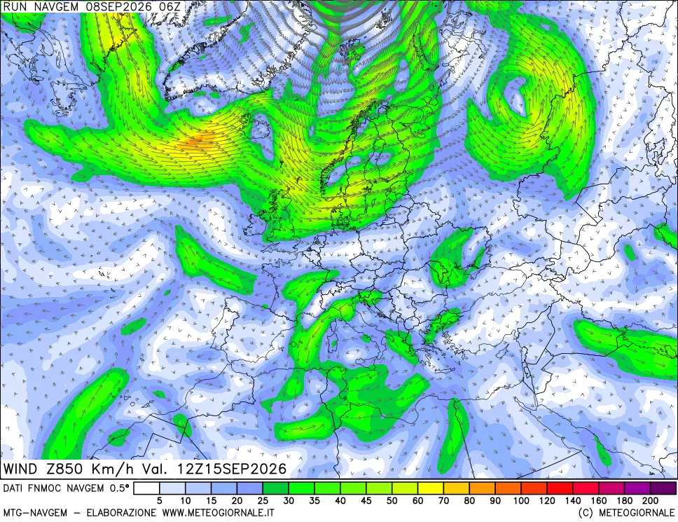 mappa Direzione e forza del vento a 850hPa
