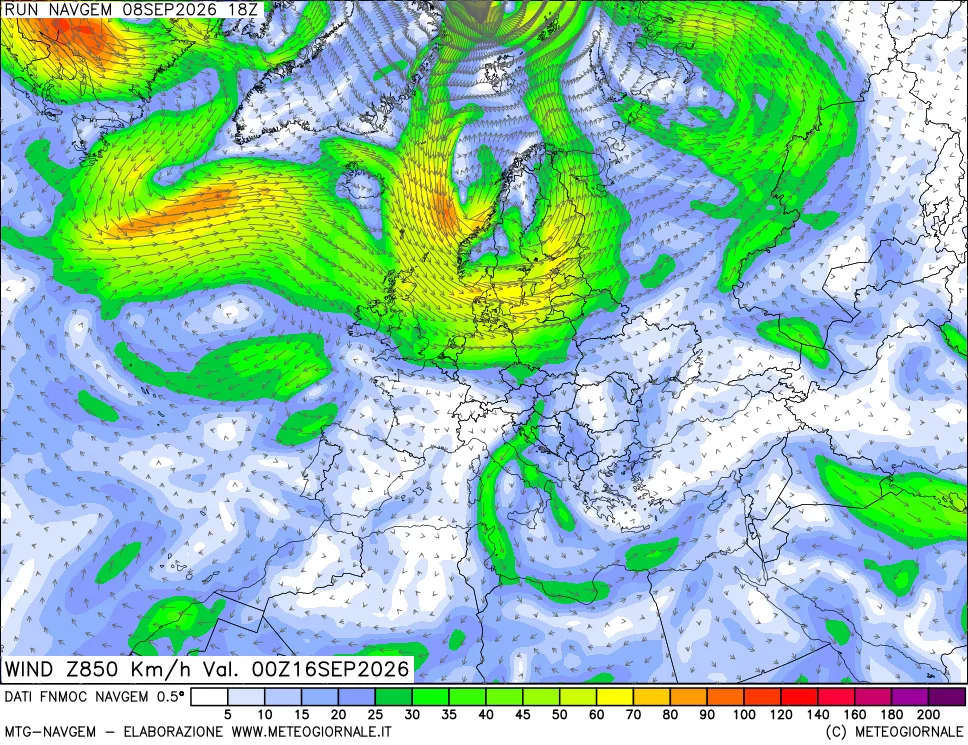 mappa Direzione e forza del vento a 850hPa