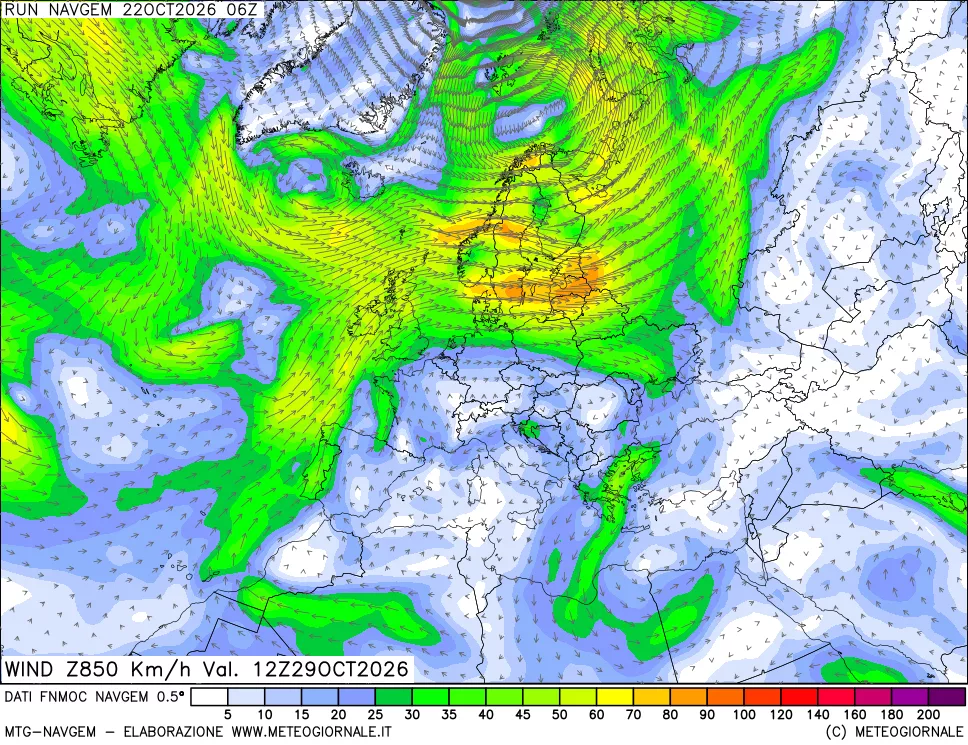 mappa Direzione e forza del vento a 850hPa