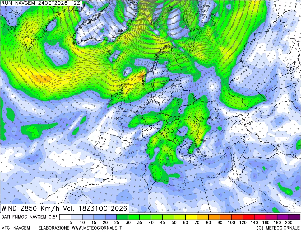 mappa Direzione e forza del vento a 850hPa
