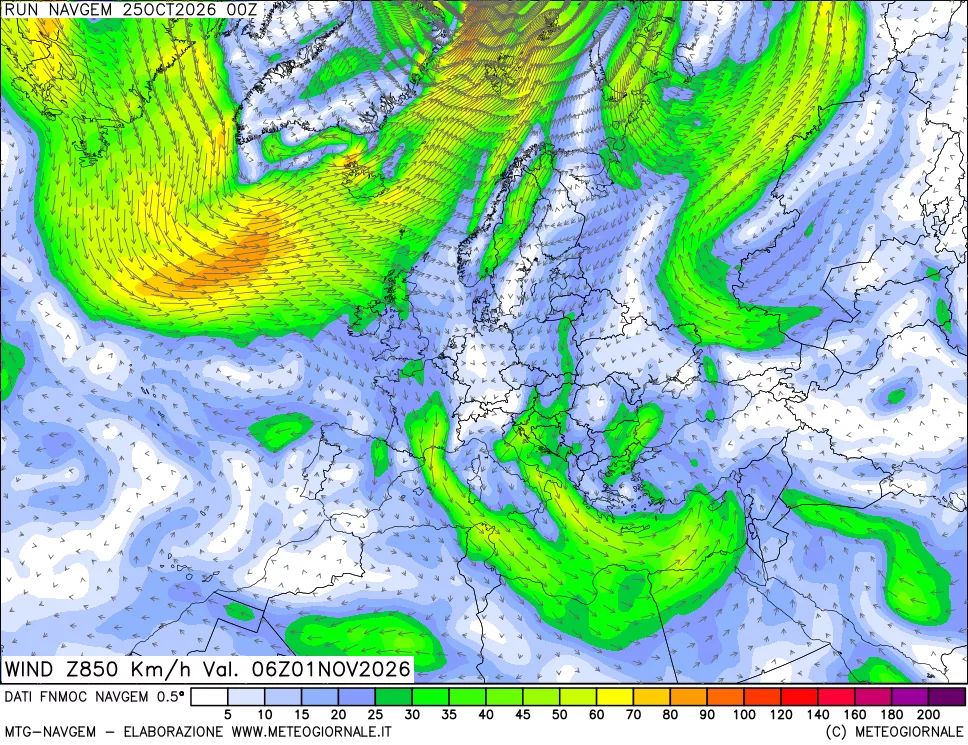 mappa Direzione e forza del vento a 850hPa