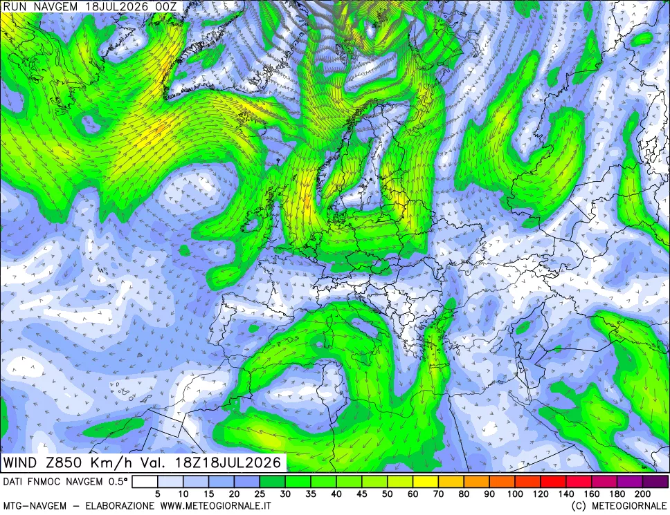 mappa Direzione e forza del vento a 850hPa