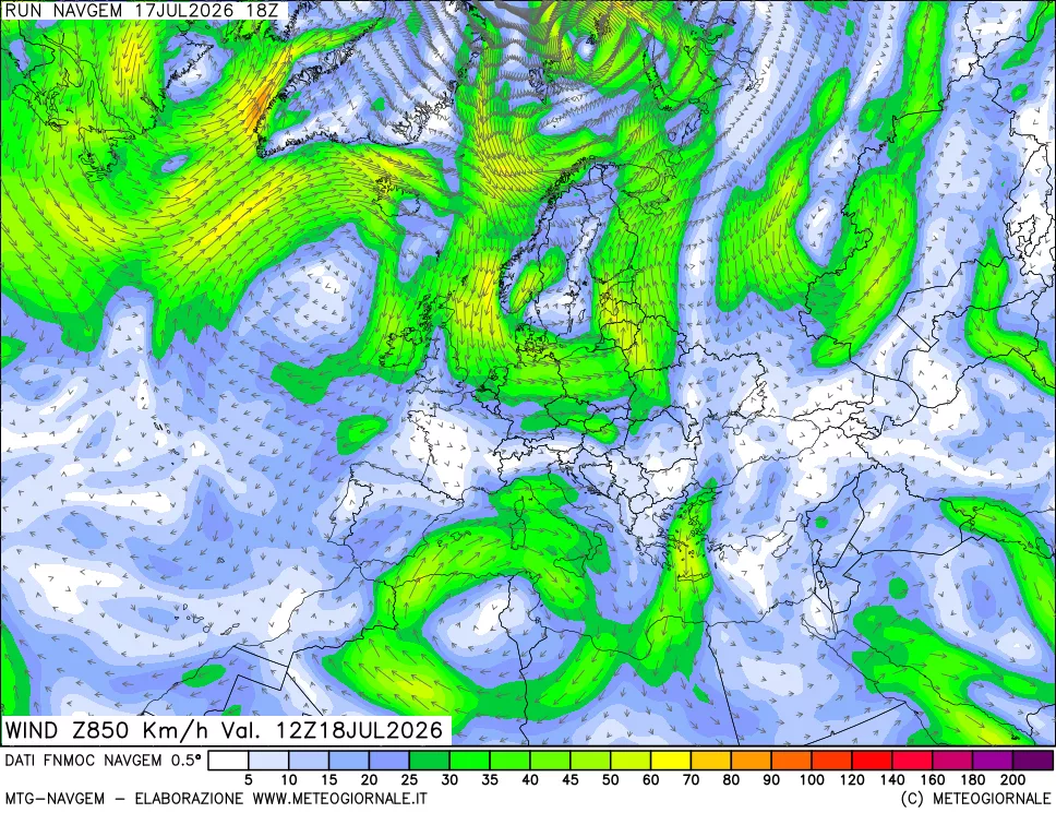 mappa Direzione e forza del vento a 850hPa