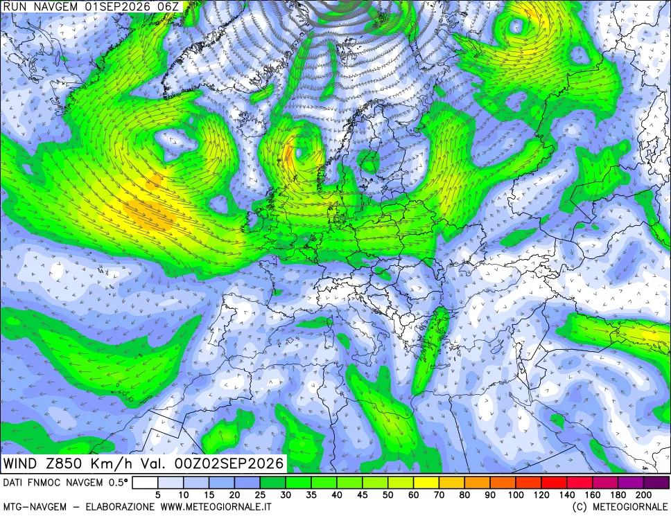 mappa Direzione e forza del vento a 850hPa