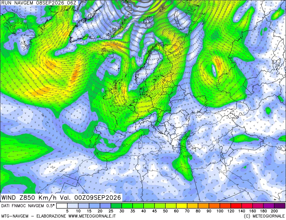 mappa Direzione e forza del vento a 850hPa