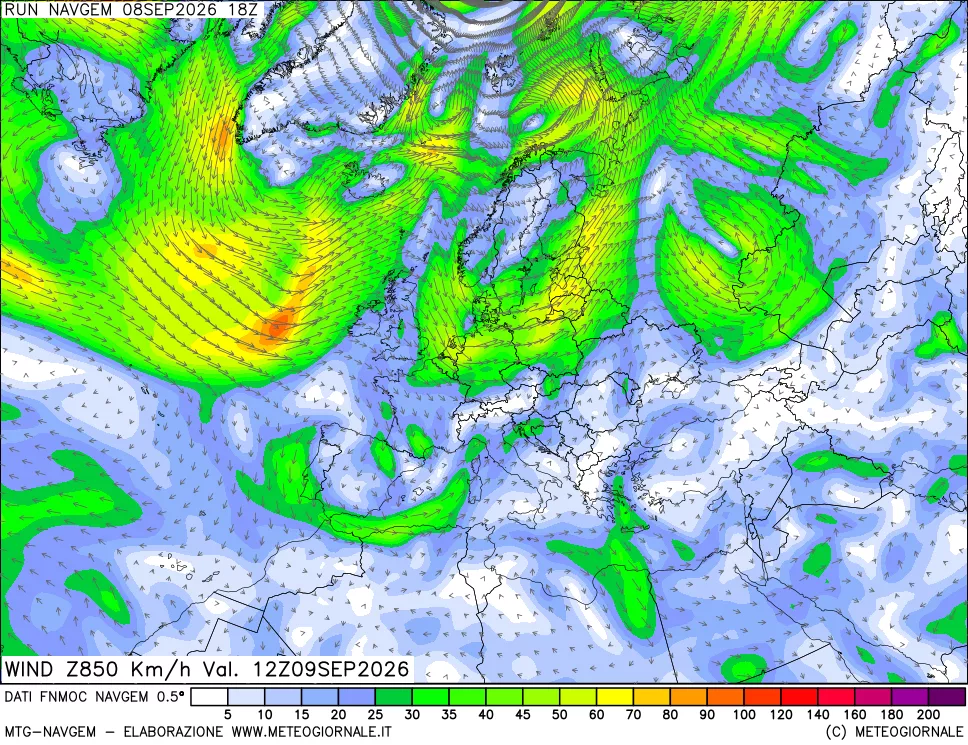 mappa Direzione e forza del vento a 850hPa