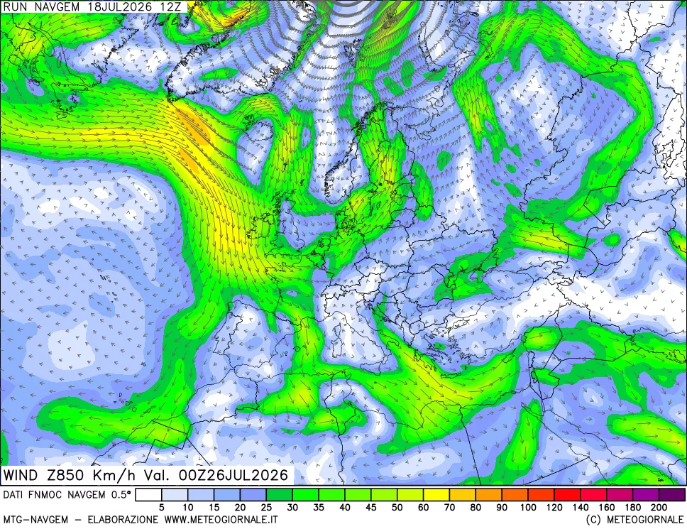 mappa Direzione e forza del vento a 850hPa