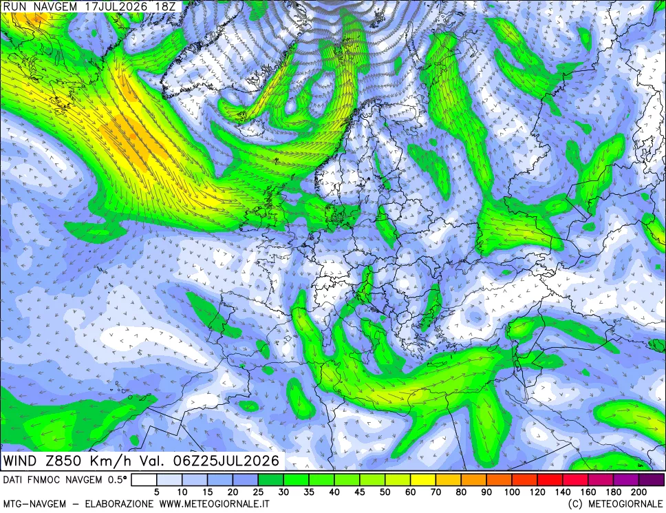mappa Direzione e forza del vento a 850hPa