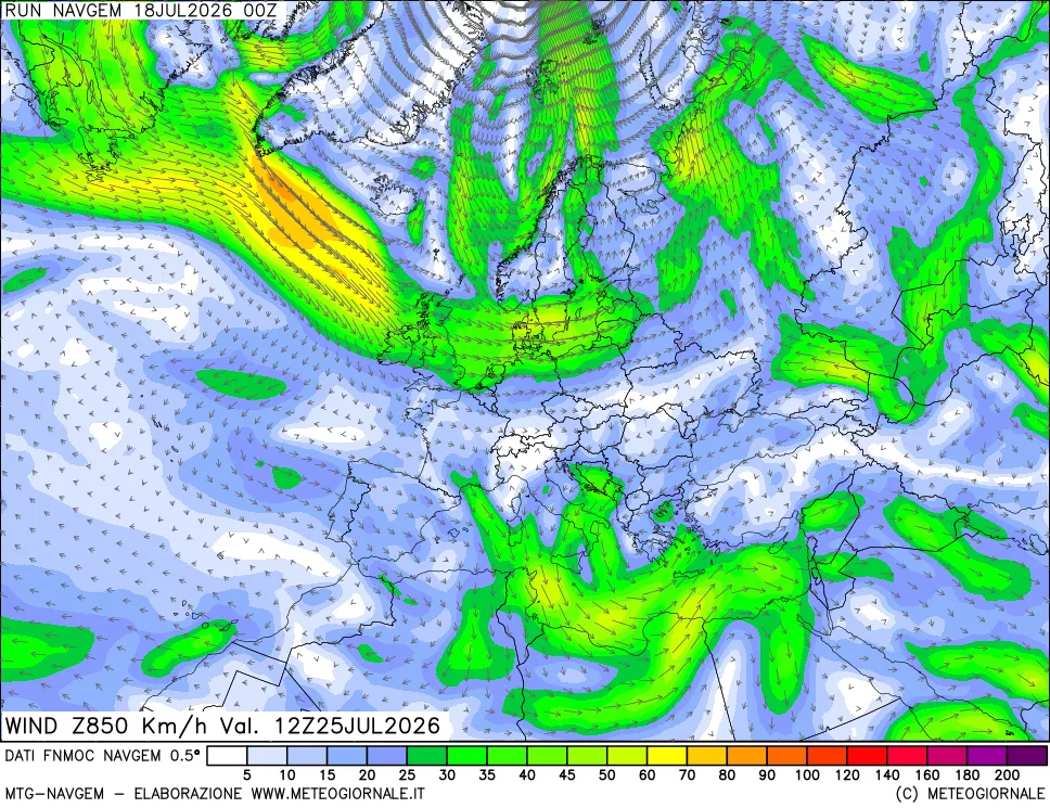 mappa Direzione e forza del vento a 850hPa