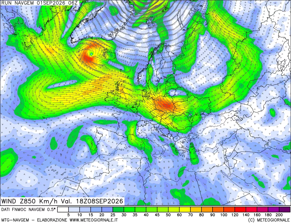 mappa Direzione e forza del vento a 850hPa