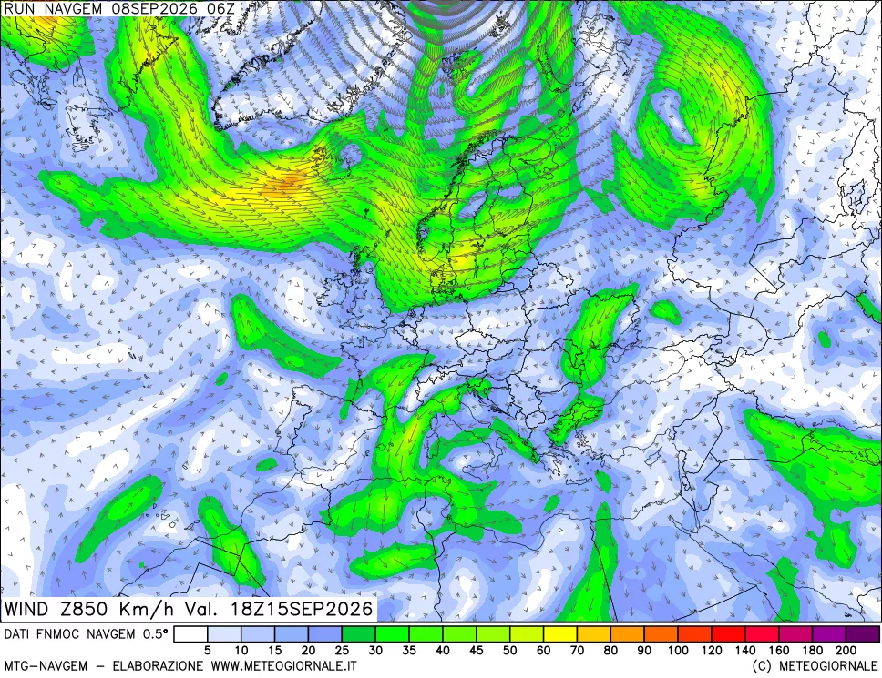 mappa Direzione e forza del vento a 850hPa