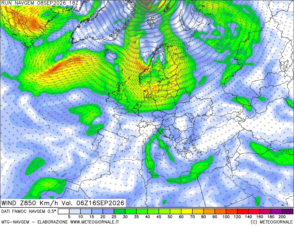 mappa Direzione e forza del vento a 850hPa