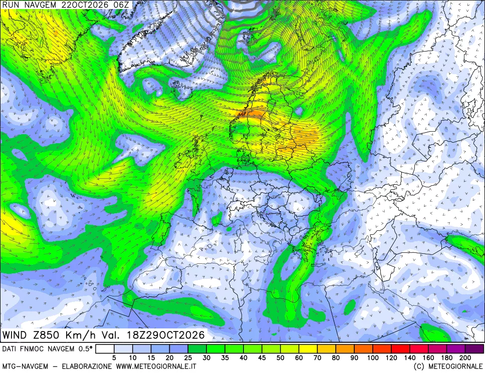 mappa Direzione e forza del vento a 850hPa