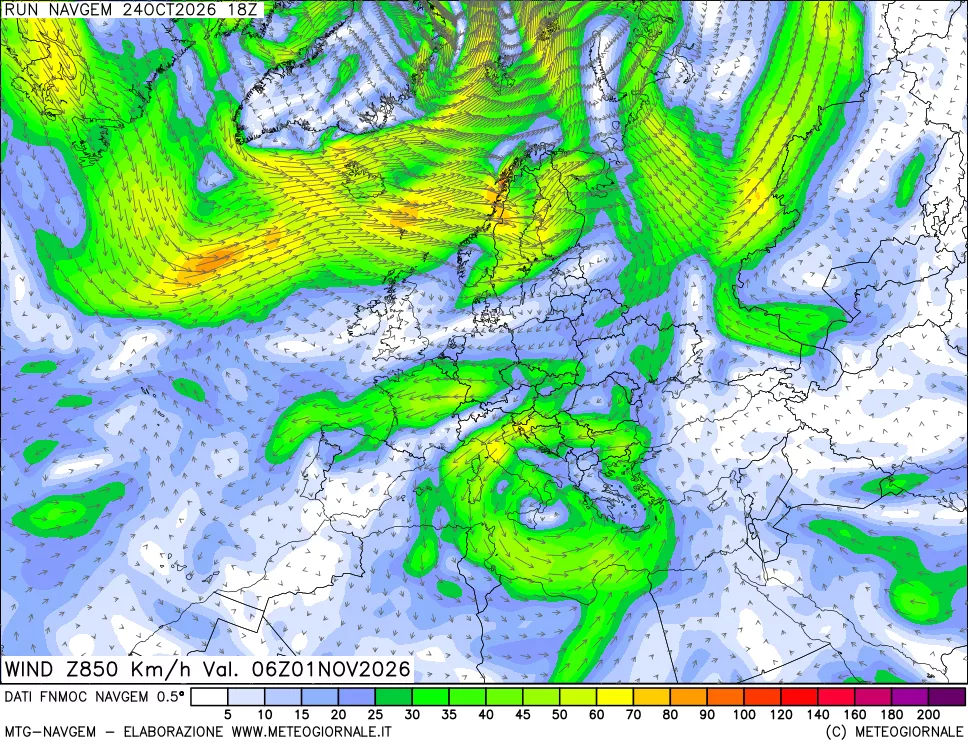 mappa Direzione e forza del vento a 850hPa