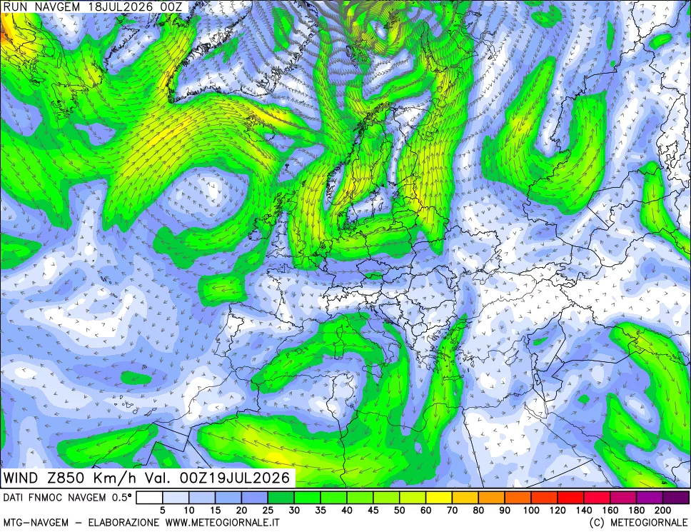 mappa Direzione e forza del vento a 850hPa