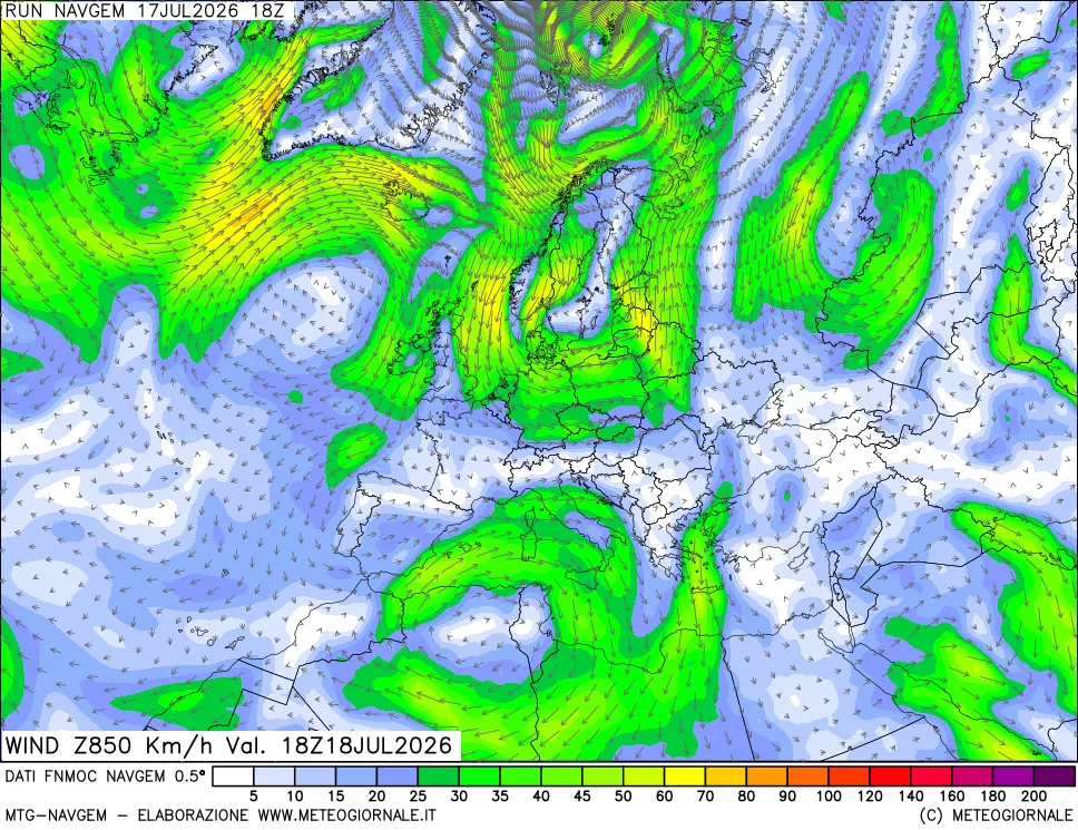 mappa Direzione e forza del vento a 850hPa
