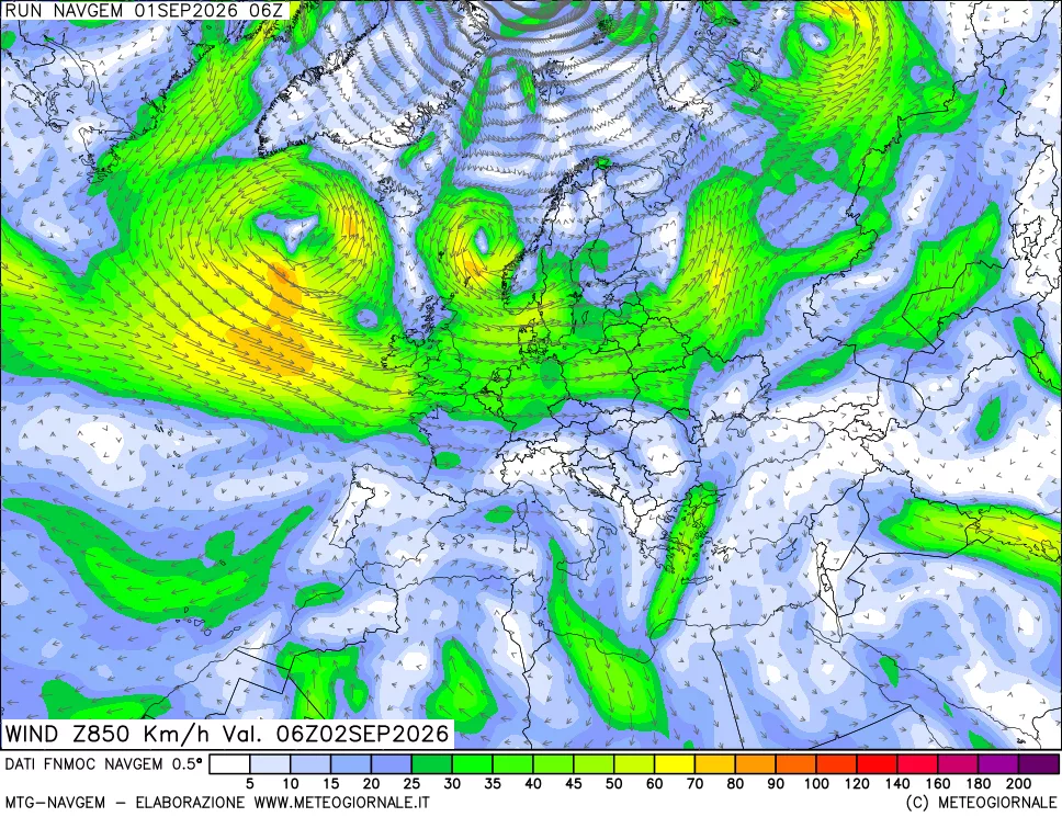 mappa Direzione e forza del vento a 850hPa