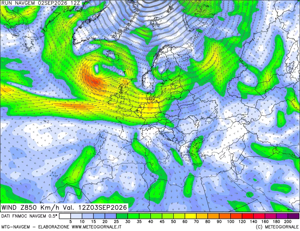 mappa Direzione e forza del vento a 850hPa