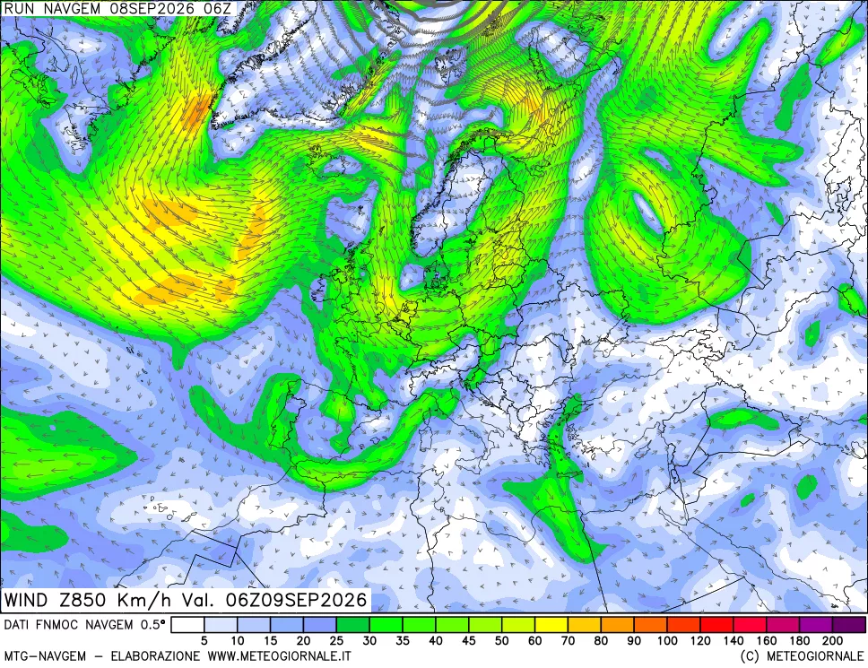mappa Direzione e forza del vento a 850hPa