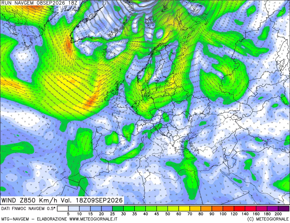 mappa Direzione e forza del vento a 850hPa