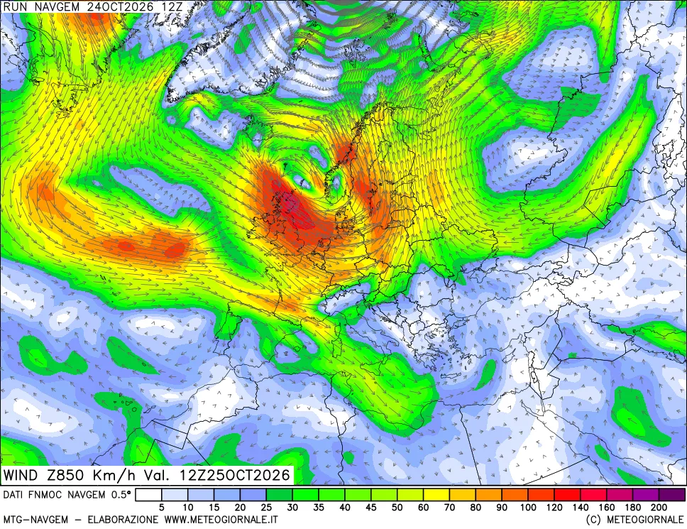 mappa Direzione e forza del vento a 850hPa