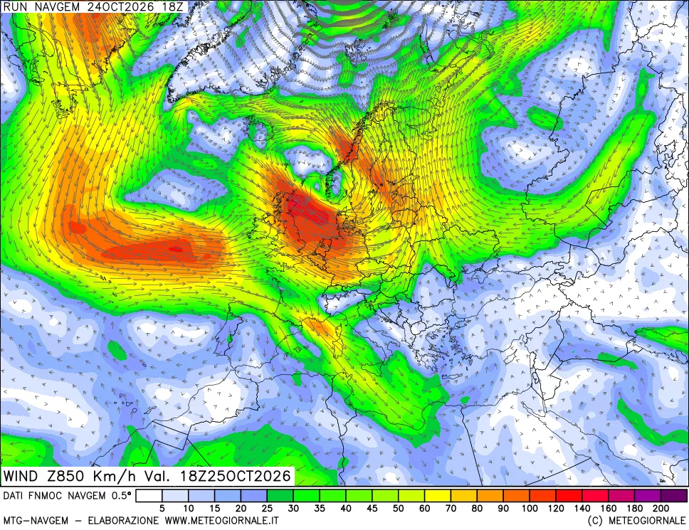 mappa Direzione e forza del vento a 850hPa
