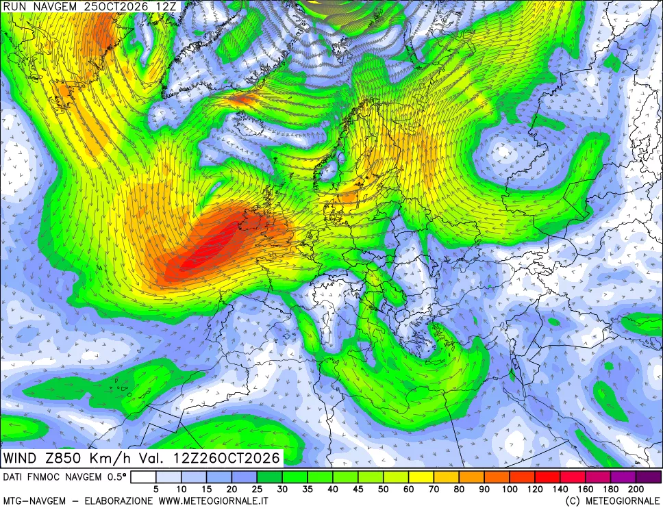 mappa Direzione e forza del vento a 850hPa