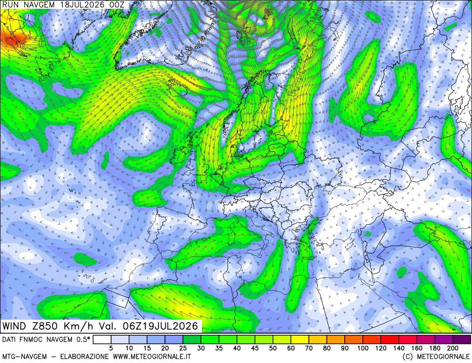 mappa Direzione e forza del vento a 850hPa