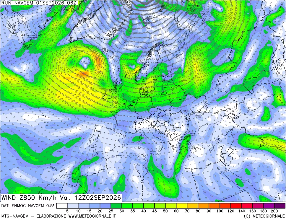 mappa Direzione e forza del vento a 850hPa