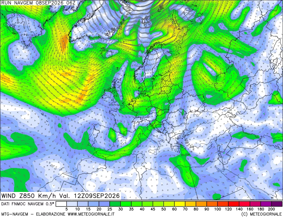 mappa Direzione e forza del vento a 850hPa