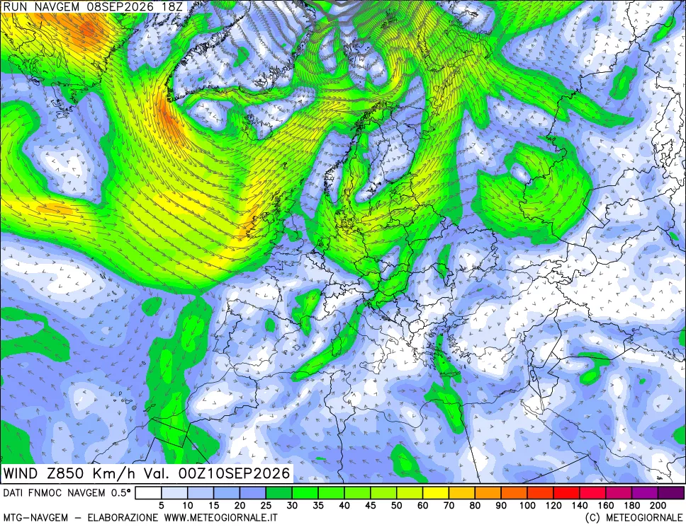 mappa Direzione e forza del vento a 850hPa