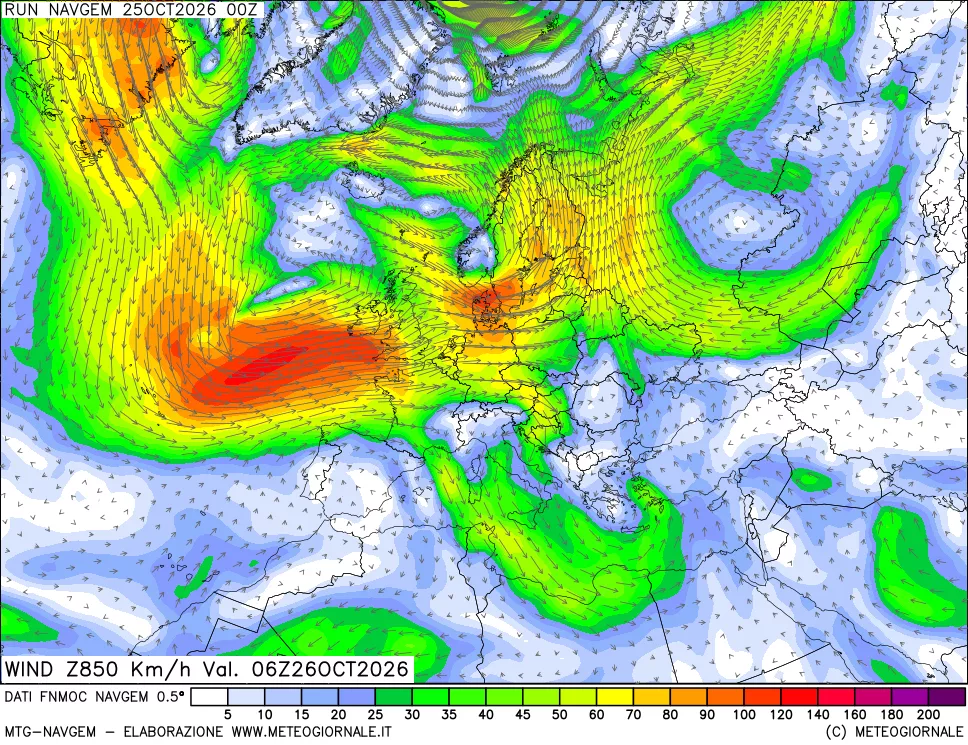 mappa Direzione e forza del vento a 850hPa