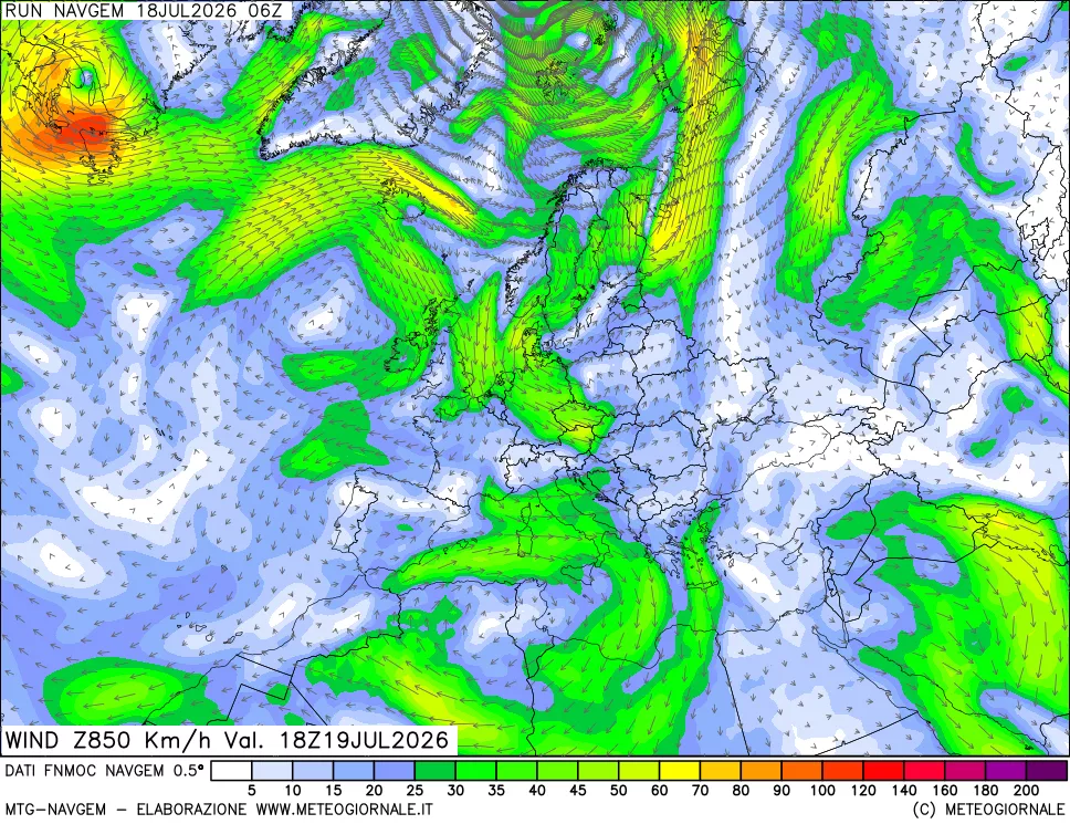 mappa Direzione e forza del vento a 850hPa