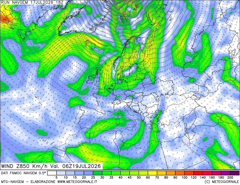 mappa Direzione e forza del vento a 850hPa