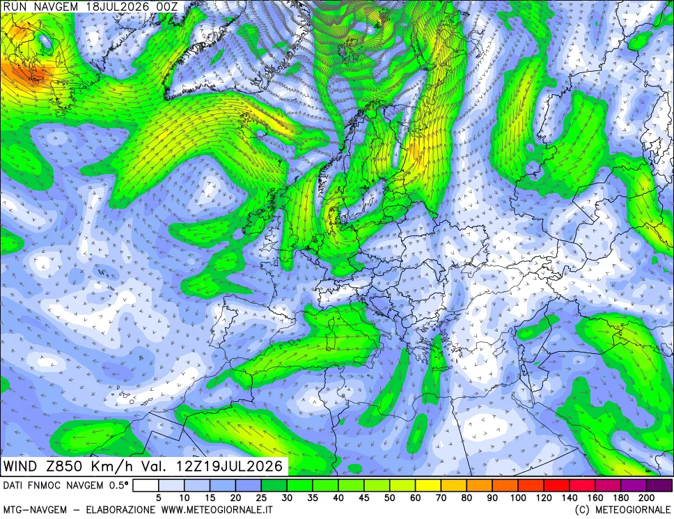 mappa Direzione e forza del vento a 850hPa