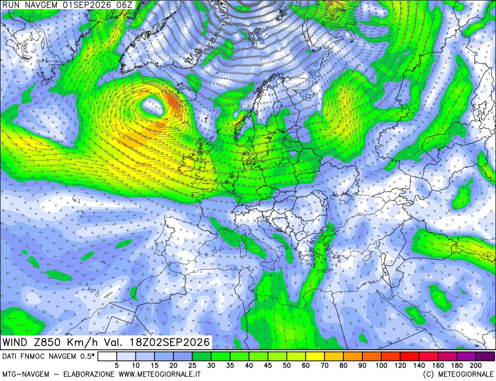 mappa Direzione e forza del vento a 850hPa