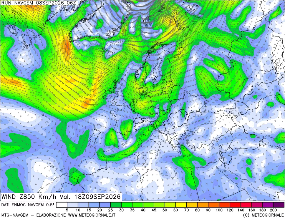 mappa Direzione e forza del vento a 850hPa
